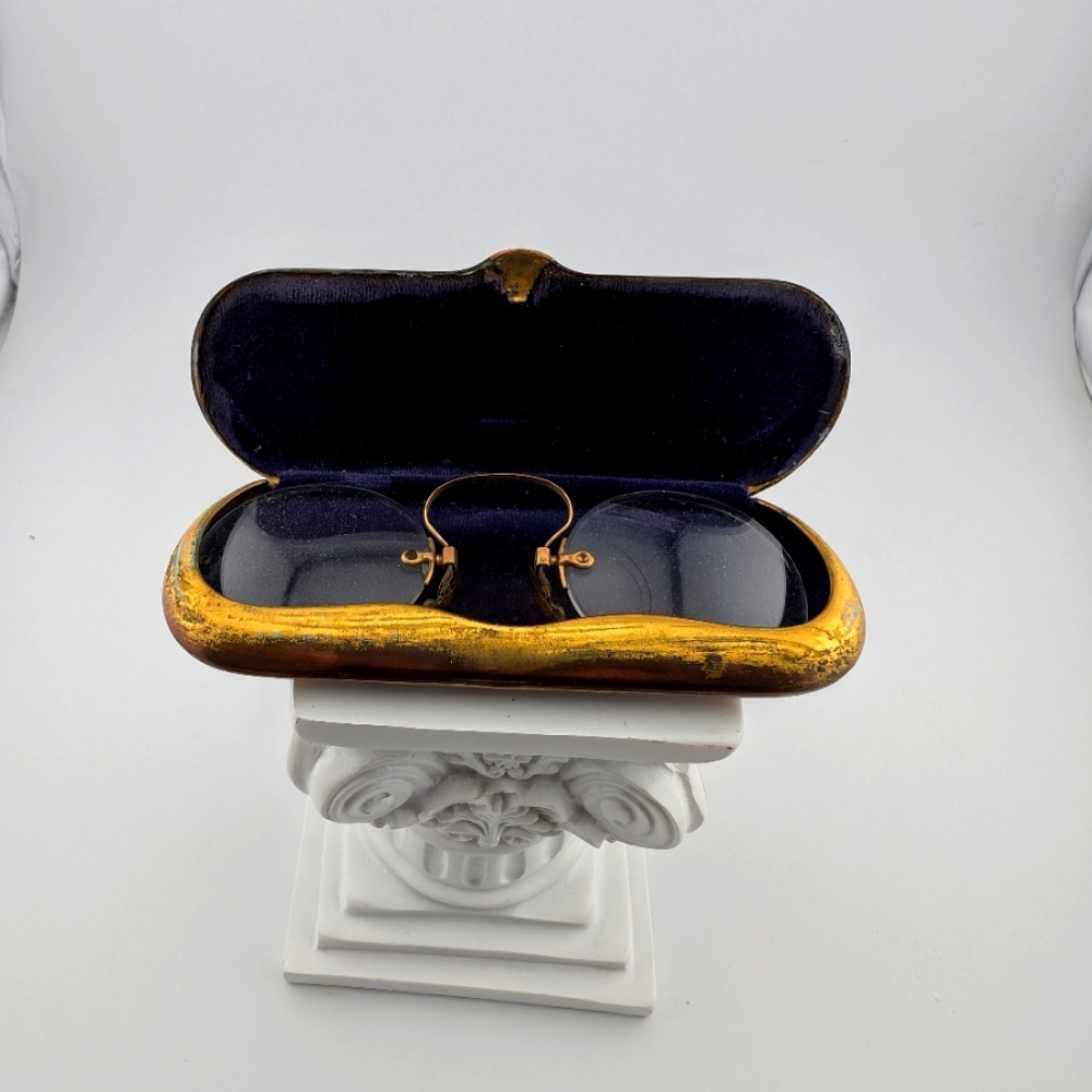 Antique Pince Nez Spectacles & German Silver Case Art Nouveau Floral Victorian